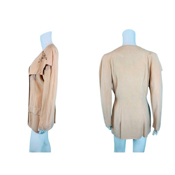 Vintage 90s Tunic Top Women's Large Beige Bronze Studded Large Collar Blouse - Picture 8 of 10